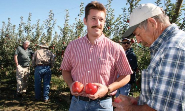 Bob Meyer, right, discusses the merits of WSU’s new apples WA 2 and WA 38 with Jim Cowin at a field day to showcase the varieties. (Good Fruit Grower file photo)
