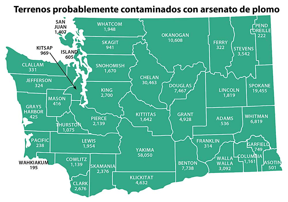 Esta información, recopilada por el Departamento de Ecología del Estado de Washington, enumera los terrenos probablemente contaminados con arsenato de plomo de acuerdo con los terrenos de los huertos de manzanas y peras de 1905 a 1947, cuando se usaban los plaguicidas de arsenato de plomo. (Cortesía del Departamento de Ecología del Estado de Washington, Mapa: Jared Johnson/Good Fruit Grower)