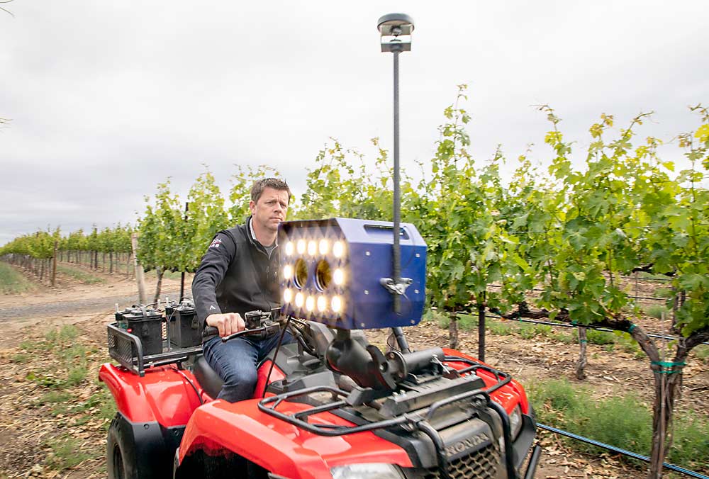 Will Beightol, propietario de Collab Wine Co., dirige el equipo Flash —un estimador de cosecha óptico desarrollado por la Universidad Carnegie Mellon— en junio en Phinny Hill Vineyards en Alderdale, Washington. (Ross Courtney/Good Fruit Grower)