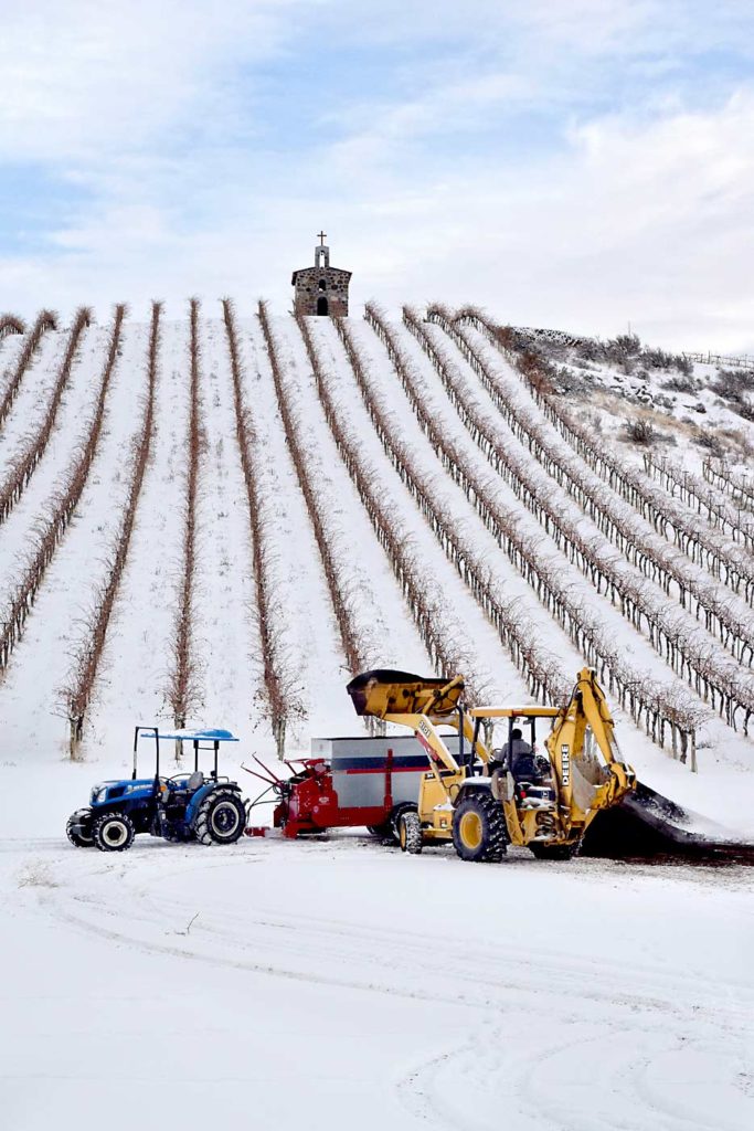 La aplicación de composta durante el invierno es un método que Red Willow Vineyards usa para mejorar la salud del suelo en los bloques de uvas de vino y uvas Concord (no aparece en la foto). (Cortesía de Mike Sauer)