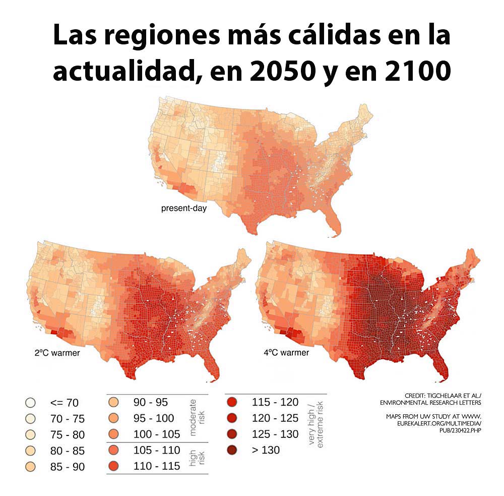 El primer mapa muestra el índice máximo de calor diario, en grados Fahrenheit, es decir, el umbral para el 5 por ciento más alto de los días más cálidos de mayo a septiembre. Los otros mapas muestran el mismo valor proyectado para el calentamiento de 2 grados Celsius en 2050, y para el calentamiento de 4 grados Celsius en 2100. Los colores reflejan las recomendaciones federales de salud y seguridad para los trabajadores al aire libre.