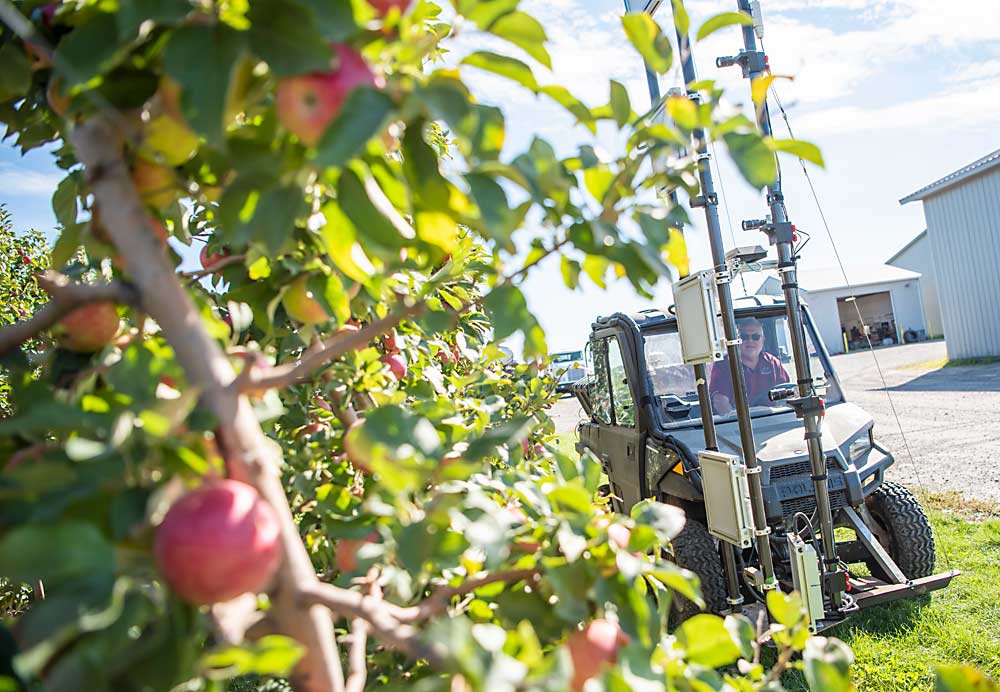 Rod Farrow hace una demostración de un prototipo de sistema de visión computarizada desarrollado para evaluar la carga frutal en los huertos de manzanas. El sistema se centrará específicamente en el recuento de yemas para que los productores puedan usar los datos para mejorar el manejo de precisión de la carga frutal. El desarrollador de tecnología, la empresa Moog, está colaborando en un proyecto de manejo de precisión de la carga frutal dirigido por la Universidad de Cornell, en el cual participan destacados investigadores del sector de la manzana de todo Estados Unidos. (Amanda Morrison para Good Fruit Grower)