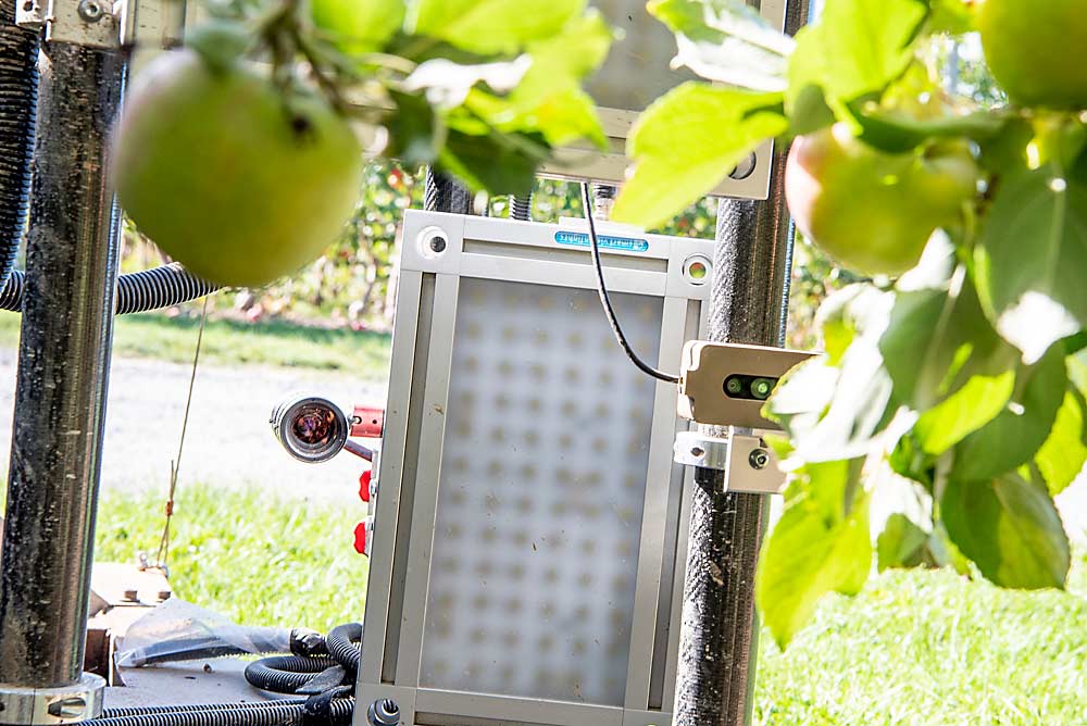 Las luces estroboscópicas normalizan la iluminación para crear imágenes más constantes para el rover de manzanos de Moog. (Amanda Morrison/para Good Fruit Grower)