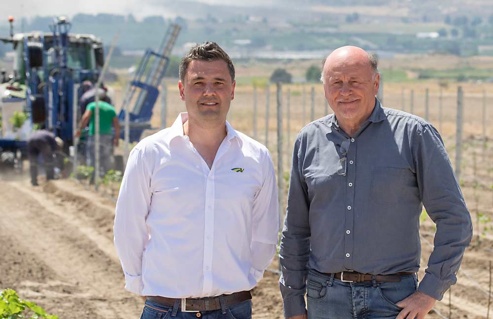 El año pasado Leandro Tomás (a la izquierda) y Georges Mandrafina, de la empresa portuguesa Vinomatos, ampliaron su servicio de siembra automática de vides en los viñedos en Washington. (TJ Mullinax/Good Fruit Grower)