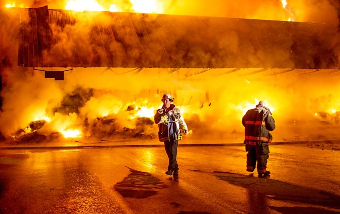 A Blue Bird fruit warehouse in Peshastin, Washington, caught fire Sunday, March 3, leaving the building a total loss. (Reilly Kneedler/Wenatchee World)