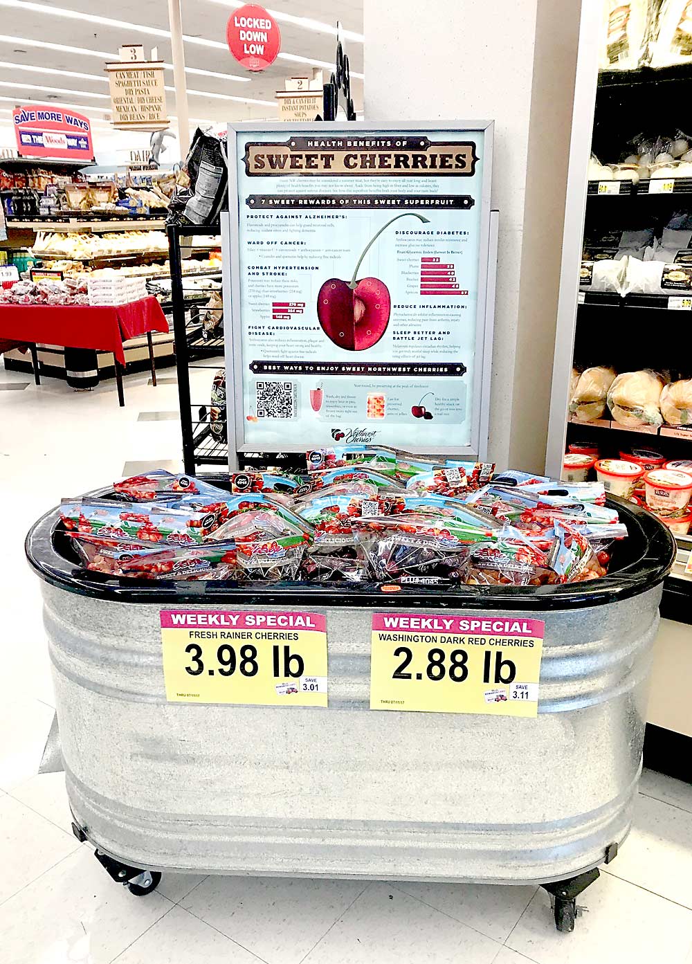 In-store promotions, such as this Northwest Cherry Growers health marketing display in a Missouri Woods Supermarket, will continue in coordination with promoting online sales. (Courtesy Northwest Cherry Growers)