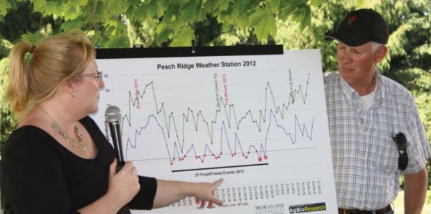 Phil Schwallier and Amy Irish-Brown have good records showing Fruit Ridge weather this spring. Growers can use this data to evaluate what happened in their orchards. Photo by Richard Lehnert