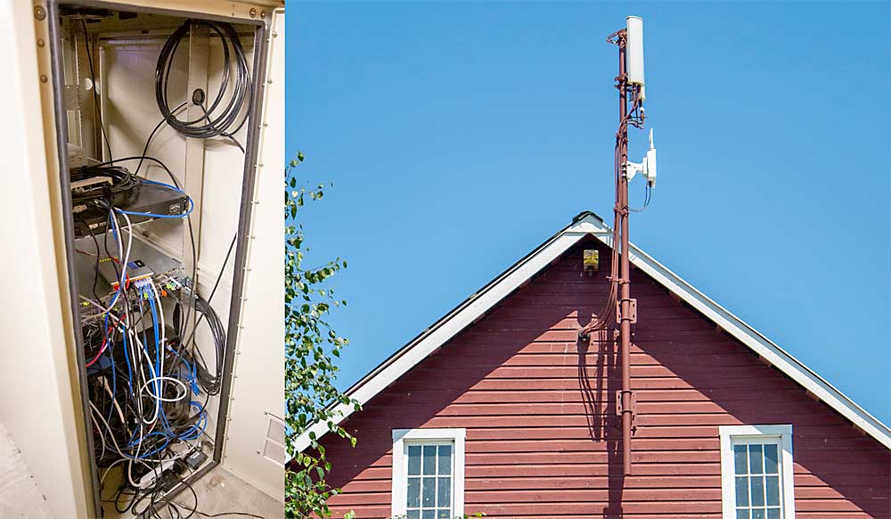 A data server, left, about the size of a refrigerator, manages digital traffic at Swans Trail with the help of cellular antennas, right, on the roof of an old milk barn. (Ross Courtney/Good Fruit Grower)