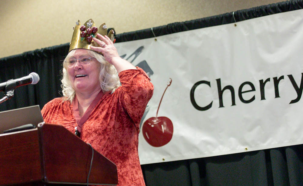 Dena Ybarra receives the Cherry King award on Jan. 10 at the annual Cherry Institute meeting in Yakima, Washington. (TJ Mullinax/Good Fruit Grower)