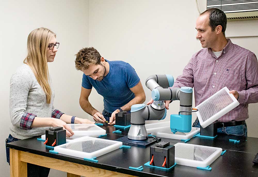 USDA-ARS technician Anna Underhill, left, works with postdoctoral researcher Dani Martinez, center, and Cadle-Davidson to develop a collaborative robotic arm to punch leaf disks and array them on the trays that go into the Blackbird imaging robot. (Courtesy Allison Usavage/Cornell University)