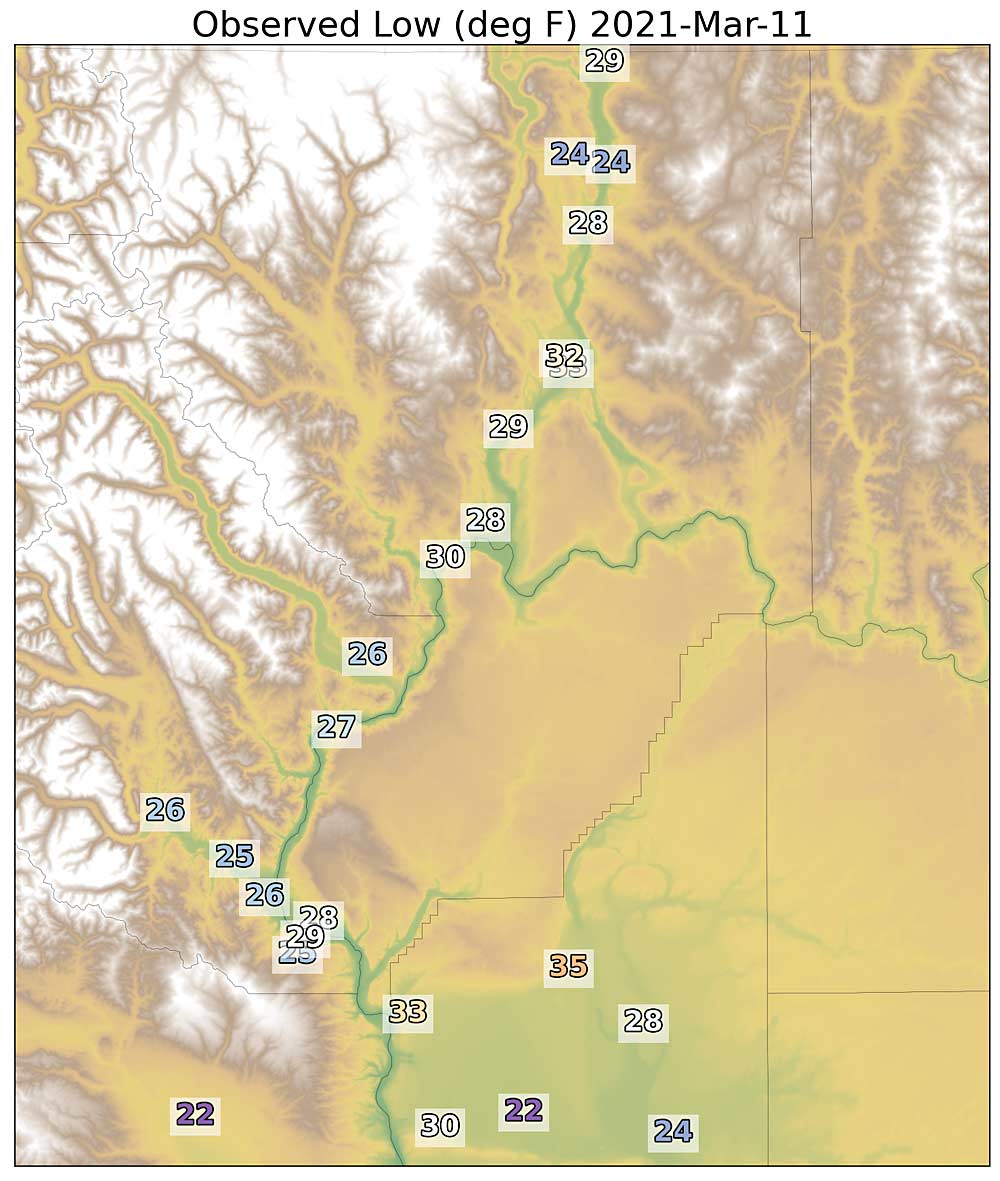 Observed low temperatures from AgWeatherNet stations, such as these seen on March 11, will be the foundation of the WSU-run weather system’s frost forecast program. (Courtesy Joe Zagrodnik/Washington State University)