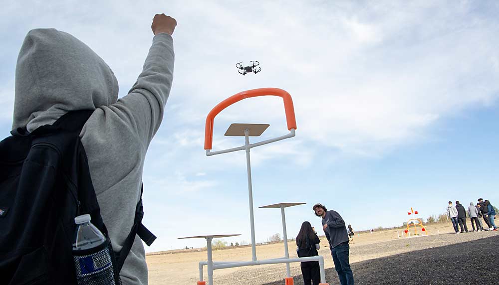 High school student Bella Barrera signals to classmate Kimberly Bravo as partners attempt to navigate a drone through a course in April as part of an outreach event at the University's Irrigated Agriculture Research and Extension Center Washington State near Prosser.  PhD student Jake Schrader, right, gives advice.  (Ross Courtney/The Good Fruit Grower)