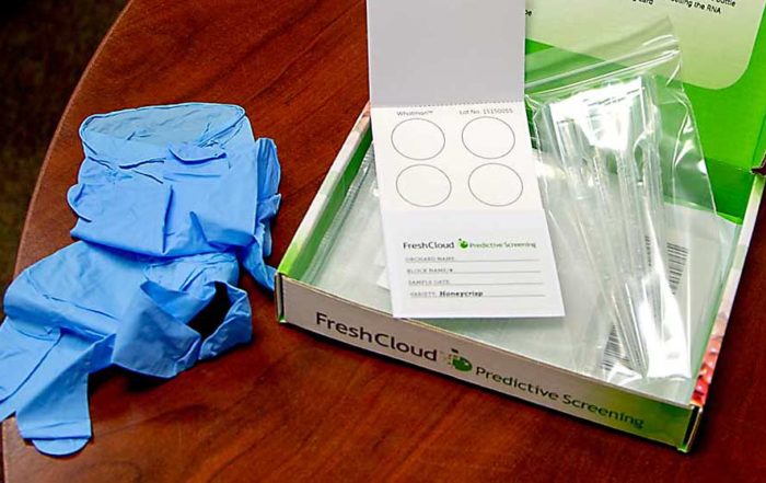 New biomarker tests offered by AgroFresh could help warehouses make better storage decisions about Honeycrisp, with insight into how much fruit is at higher risk for soft scald and bitter pit. The predictive screening kit includes all the equipment needed to juice peels and then drip enough juice to fill the circles on the sampling card, which is then sent back to the company’s Yakima, Washington, lab for analysis. (Kate Prengaman/Good Fruit Grower)