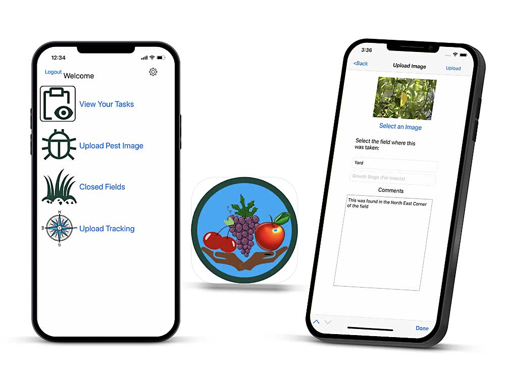 Michigan State University's sustainable agricultural management tool has multiple features designed to help Michigan grape growers simplify the pesticide application process and make it safer and more sustainable.  (Courtesy of Apple App Store, illustration from Adobe Stock)