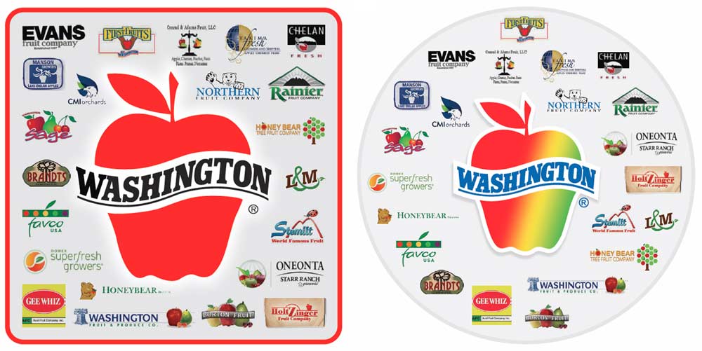 The Washington Apple Commission has proposed developing a new Washington Apples logo for marketing and promotions, particularly at point of sale, to better align the industry. These two logos serve as examples; a final version would include logos from all Washington sales houses.