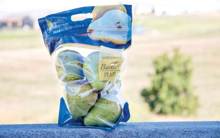 A 2-pound pouch bag for Yakima Fresh, also called a gusset bag, provides a canvas for branding pears. (Photo illustration by TJ Mullinax/Good Fruit Grower)