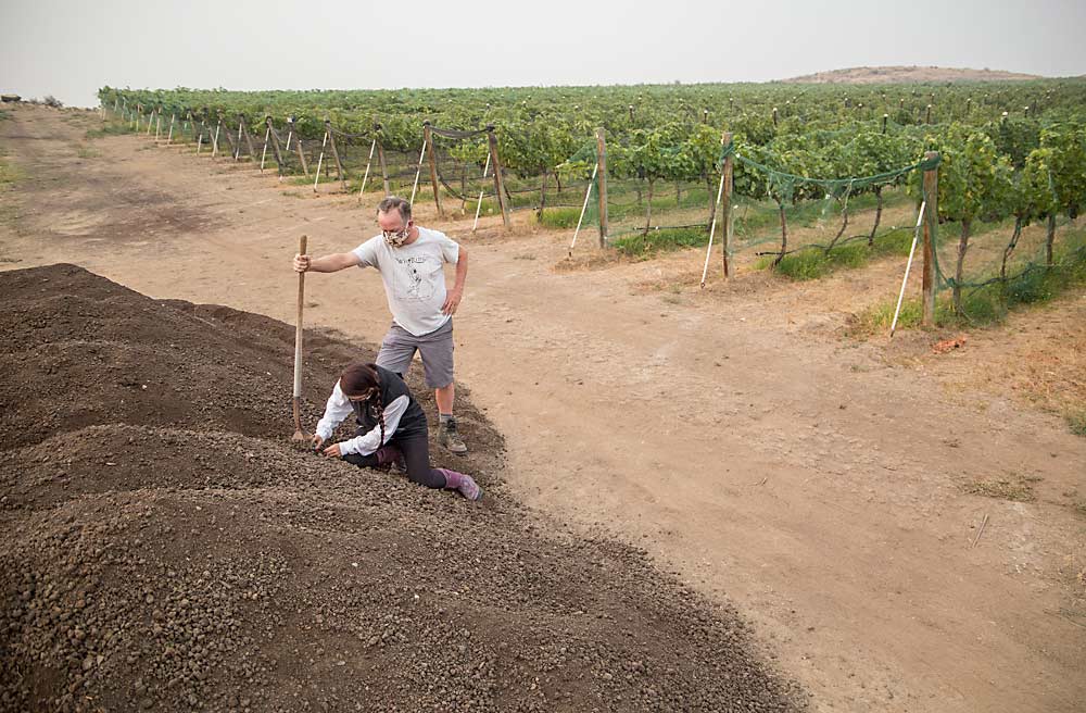 A little goes a long way as Lenora Thelen, assistant winemaker for Wilridge Winery, and Paul Beveridge, Wilridge owner and winemaker, use 12 preparation treatments to “activate” a compost pile the size of an RV. (Ross Courtney/Good Fruit Grower)