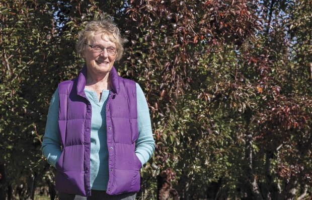 Nancy Vaughn in her orchard in 2013, credits her family and close relationship with Medford area growers and researchers for support following her husband’s death. (TJ Mullinax/Good Fruit Grower)