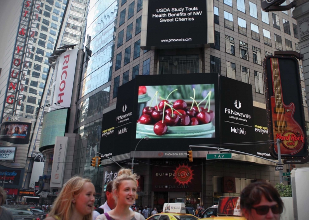 Northwest cherries made the news in New York City’s Times Square last summer when a major health study was released. (photo Courtesy Northwest Cherry Growers)