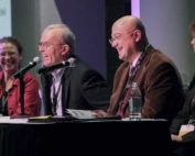 Kate Evans, Tom Auvil, Stefano Musacchi and Ines Hanrahan share a laugh during the question, answer portion of the Cosmic Crisp horticultural panel on December 5, 2016. (TJ Mullinax/Good Fruit Grower)