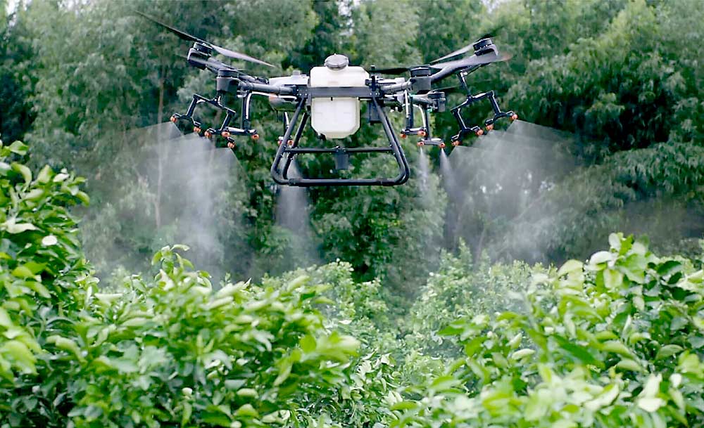 The DJI Agras T30 drone, made by a Chinese manufacturer, holds nearly 8 gallons of liquid and can fly for 10 to 15 minutes before being recharged. The large drone, seen here spraying water as a demonstration, can be modified to spray tree fruit orchards, said Kirk Babcock of Aerial Ag Technologies in Battle Creek, Michigan. (Courtesy Aerial Ag Technologies)