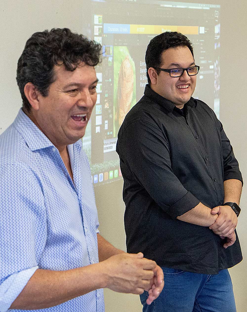 Francisco Sarmiento Sr., left, has been with the Hispanic Orchard Employee Education Program, or HOEEP, for 24 years and is now the faculty lead. At right is his son, Francisco “Frank” Sarmiento Jr., an instructor who started in November 2021. The course requires them to co-teach. (Ross Courtney/Good Fruit Grower)