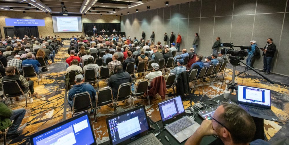A packed house turned out for the WA 38 session to wrap up the Washington State Tree Fruit Association Annual Meeting on Wednesday, Dec. 8, 2021, at the Yakima Convention Center. (TJ Mullinax/Good Fruit Grower)
