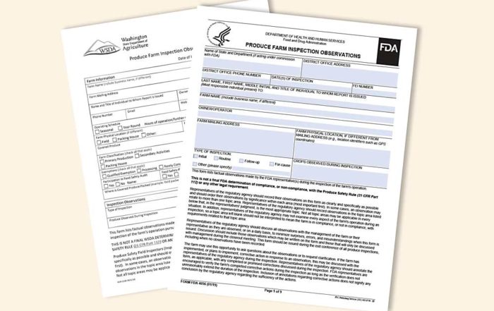 An illustration of WSDA and FDA forms for growers to prepare for FSMA inspections. Click the links below to access these and more forms. For more information about preparing for FSMA inspections, see our story: State agencies offer readiness reviews for FSMA inspections