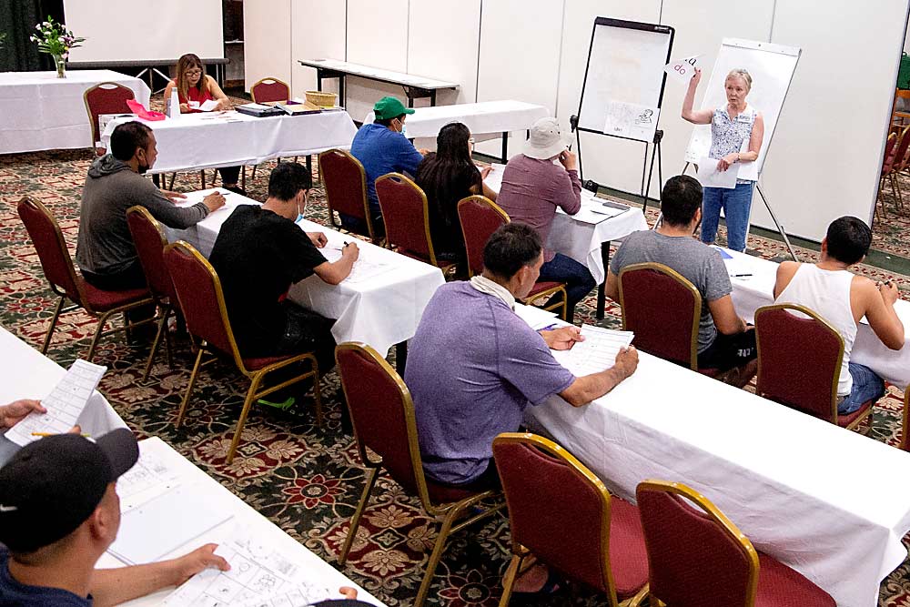 Nancy Davis, a retired public school teacher, volunteers to teach English to a group of H-2A workers in August at the Fairbridge Inn, a Yakima hotel converted to a farmworker housing center. (Ross Courtney/Good Fruit Grower)