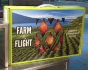 High-impact graphics adorn cases of fruit designed to fit under an airplane seat and raise the profile of Okanagan tree fruits. (Courtesy Kelowna International Airport)