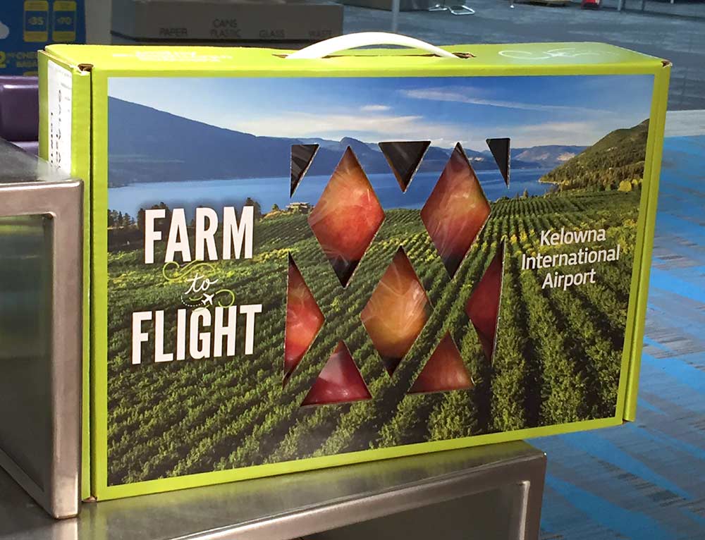 High-impact graphics adorn cases of fruit designed to fit under an airplane seat and raise the profile of Okanagan tree fruits. (Courtesy Kelowna International Airport)