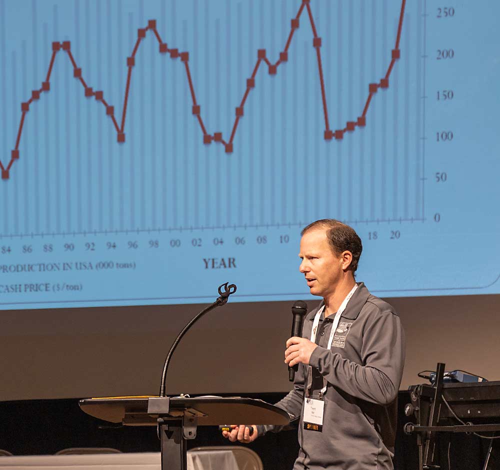 Cash prices for Concord grapes continued to rise in 2022, hitting a record $407 per ton in Washington, with low inventories and low imports continuing to set favorable conditions for growers, Trent Ball of Yakima Valley College shared with the Washington State Grape Society at their annual meeting. (Kate Prengaman/Good Fruit Grower)