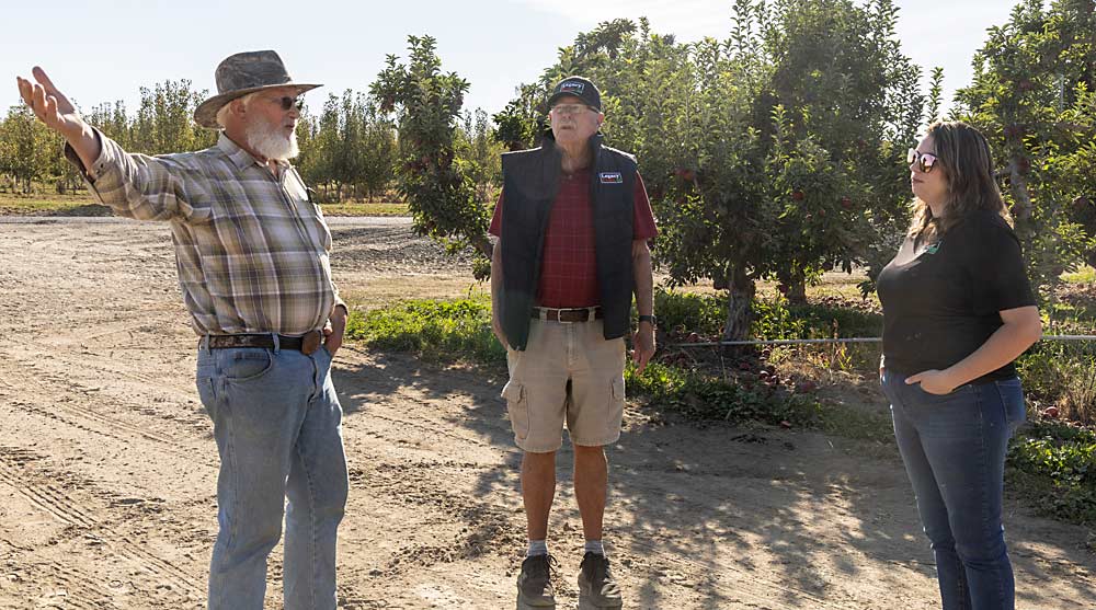 오랜 전통의 과일 재배자 Harvey Noe(가운데 80세)는 워싱턴의 Yakima Valley에서 마지막 수확 시즌을 보내 Dan Green(왼쪽)을 포함한 재배자들을 후임자 Cami Brandt에게 소개했습니다.  관계에 관한 모든 것, Noe와 Brandt는 동의했습니다.  (Kate Prengaman/Good Fruit Grower)
