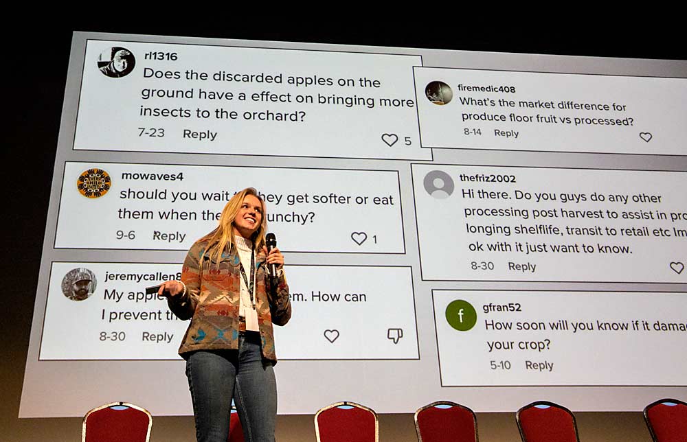 Kaitlyn Thornton of Tonasket displays some of the conversations she navigates as a social media influencer on behalf of the tree fruit industry during a session at the Washington State Tree Fruit Association Annual Meeting in December in Wenatchee. (Ross Courtney/Good Fruit Grower)