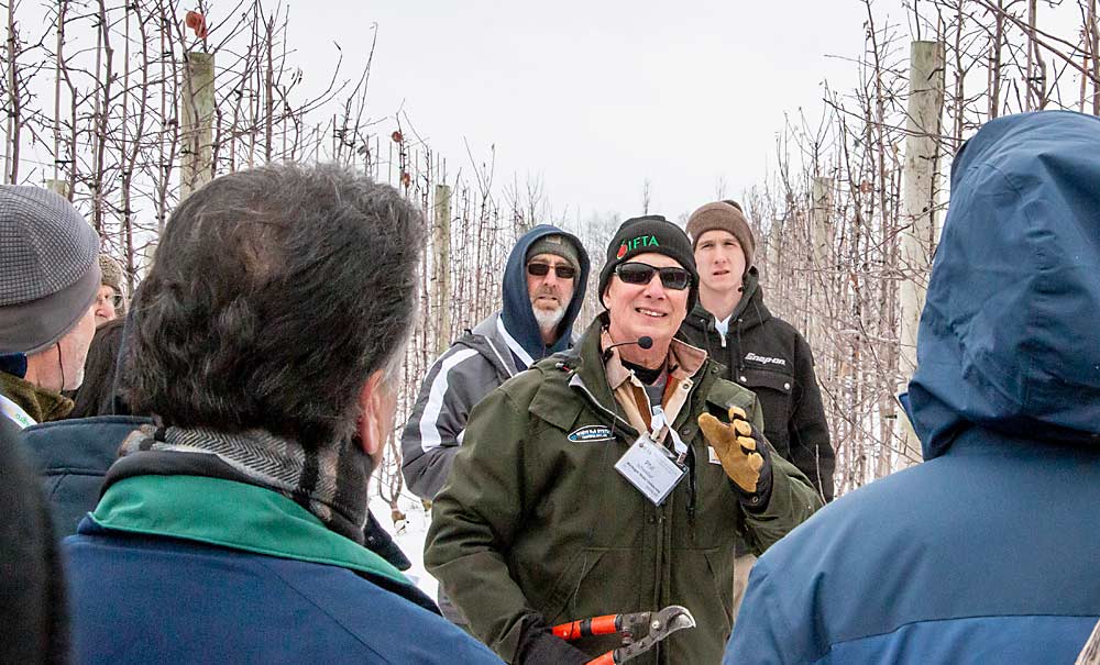 Michigan State University Extension educator Phil Schwallier discusses a multileader training trial with his IFTA audience. The trial at MSU’s Clarksville Research Center is testing four systems: super spindle, two-leader, three-leader and tall spindle. So far, the most productive system in the trial, in terms of bins per acre, is super spindle. (Matt Milkovich/Good Fruit Grower)