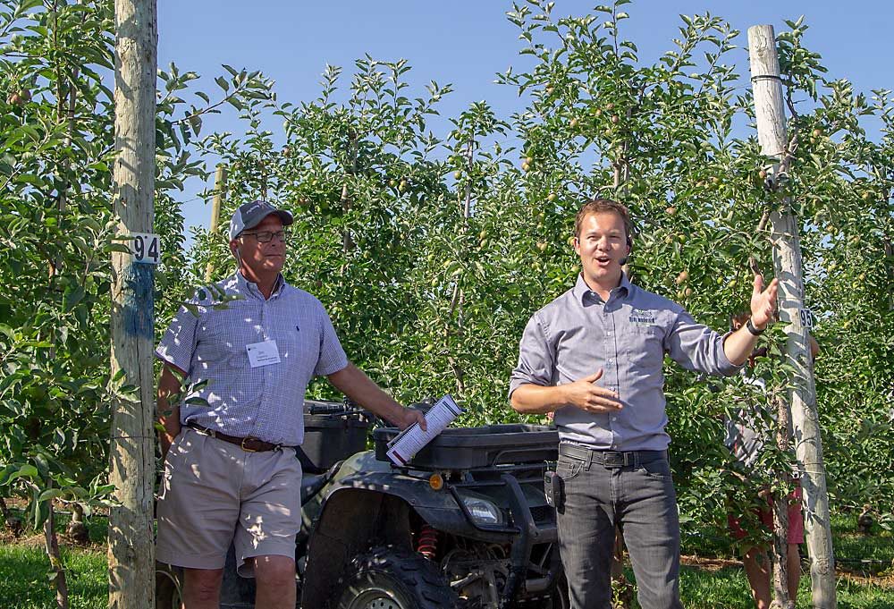 Gerbe Botden, who manages the orchards for the family business, said all of the impressive equipment his father, Marius Botden, introduced to the tour group only pays off if the crop management fundamentals are working well. (Kate Prengaman/Good Fruit Grower)