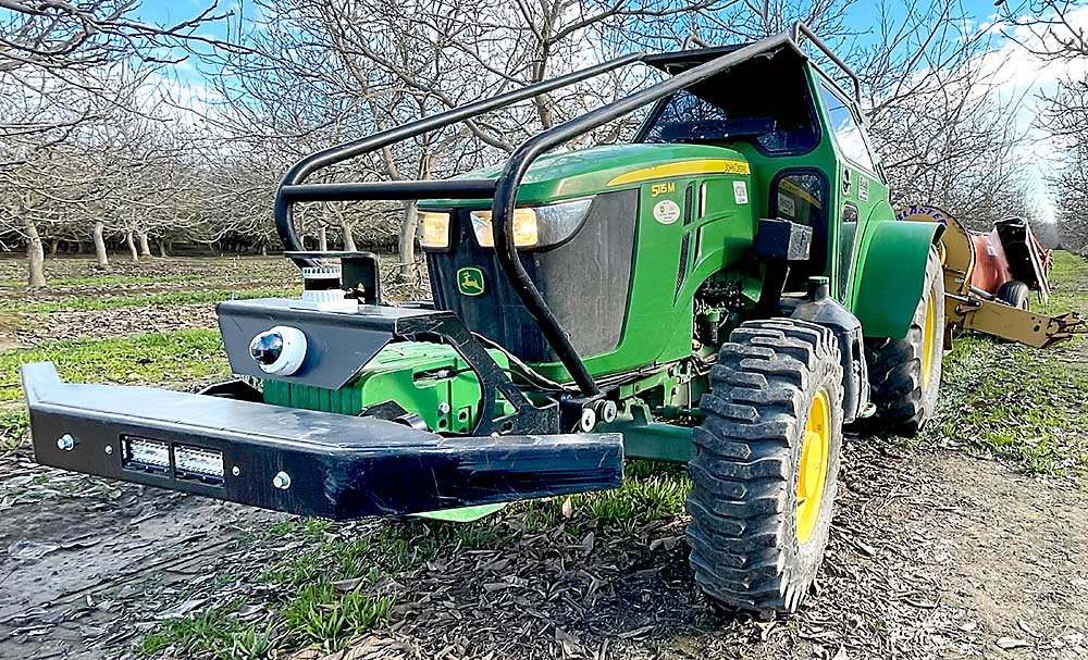 A farm’s existing tractors can be turned into a remotely managed fleet with the aftermarket kits that mount onto the front. In California, Israel-based Blue White Robotics has equipped dozens of tractors with the technology and plans to expand to the Washington market soon. (Courtesy Blue White Robotics)