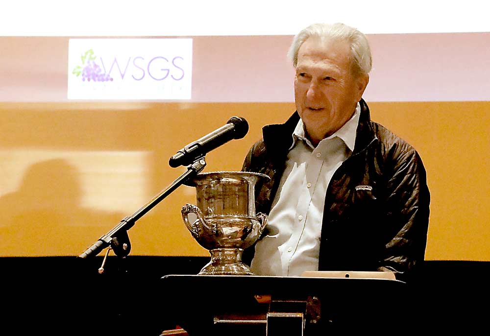 Dave Wyckoff, CEO of Wyckoff Farms of Grandview, Washington, accepts the Washington State Grape Society’s Walter Clore Award, given to honor significant contributions to the state’s grape industry. (Kate Prengaman/Good Fruit Grower)