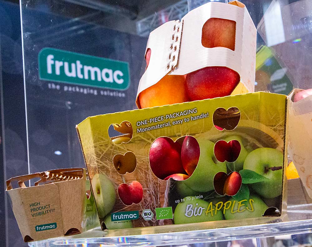 Sustainable packaging was a common display at the Interpoma trade show in 2022, in Bolzano, South Tyrol, Italy. (Ross Courtney/Good Fruit Grower)