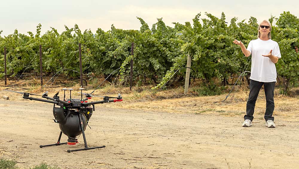 워싱턴주립대학교의 곤충학자인 David James가 8월 워싱턴주 Benton City의 포도밭에서 드론 파트너인 UAV-IQ와 함께 유익한 곤충 방출에 대해 이야기합니다.  (Kate Prengaman/Good Fruit Grower)