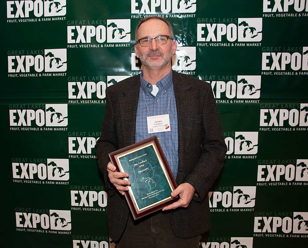 Jim Laubach was given a Distinguished Service Award at the 2019 Great Lakes EXPO award banquet on Dec. 11. (Matt Milkovich/Good Fruit Grower)
