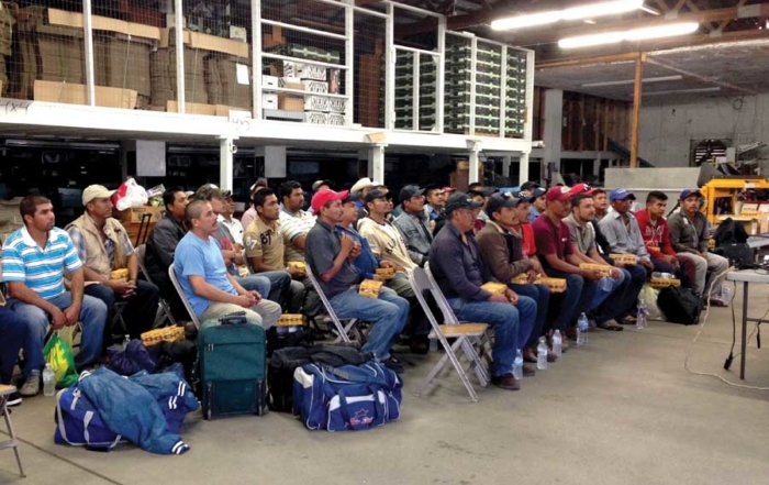 Great Lakes Agricultural Labor Services provides training and orientation to incoming workers immediately upon arrival, as they did here, on the Leitz brothers’ farm near Sodus, Michigan on June 27, 2015. (Courtesy Fred Leitz)