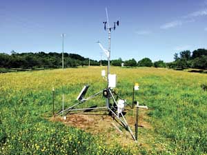 Each Enviro-weather station has a standard set of 12 sensors to make a variety of measurements, including maximum, minimum and current air temperature; soil temperature at 2-inch depth, total precipitation, relative humidity, wind, solar intensity and leaf wetness. (Courtesy of Enviro-weather)