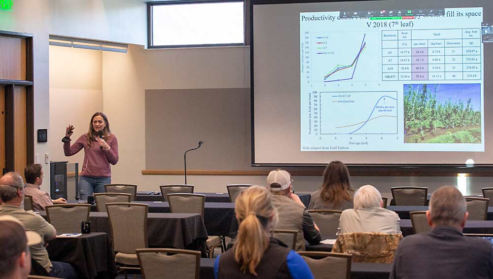 Kelsey Galimba discusses the production of amelanchier rootstocks at the Winter Horticulture Meeting in February in Hood River, Oregon. (Ross Courtney/Good Fruit Grower)