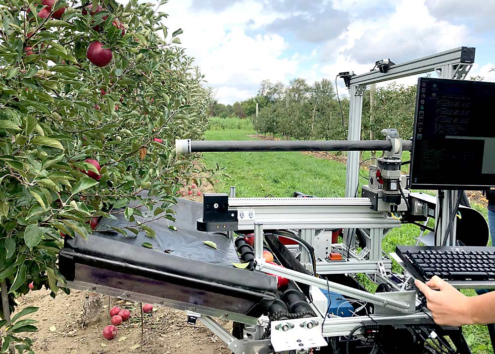 A prototype of a robotic apple harvester under development by a partnership of the U.S. Department of Agriculture-Agricultural Research Service and Michigan State University runs through trials in 2021 in a Michigan research orchard. (Courtesy USDA-ARS)