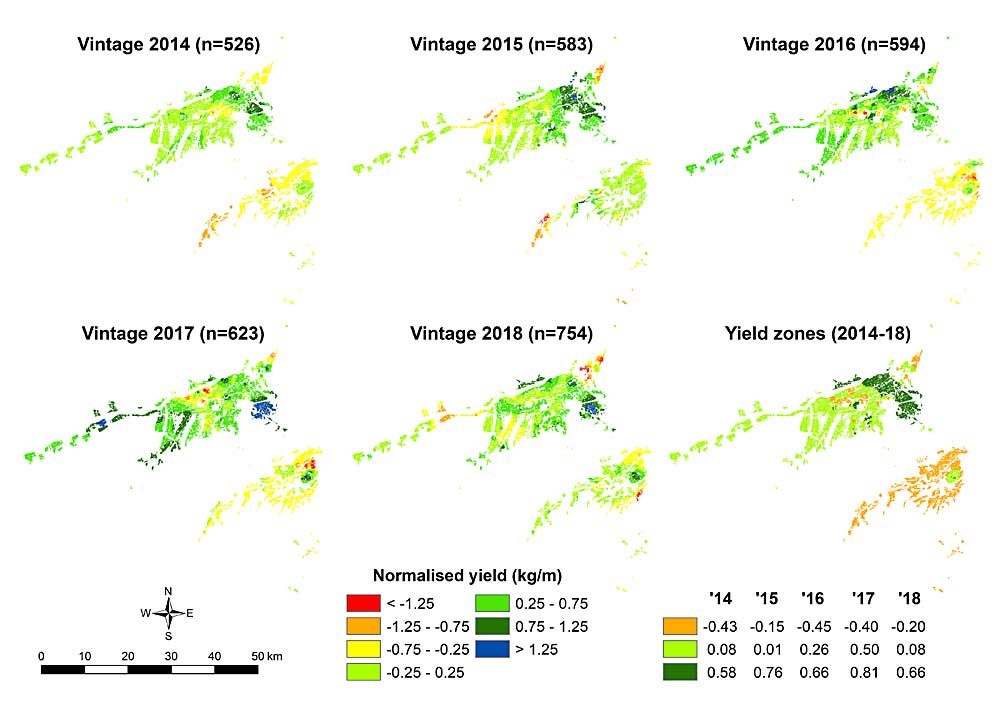 Precision viticulture offers the wine industry tools to better understand terroir, Bramley said. In this example from a 2020 paper, “Making sense of a sense of place: precision viticulture approaches to the analysis of terroir at different scales,” published in the journal Oeno One, yield maps from across 450 vineyards in the Marlborough wine region in New Zealand show yield variation that’s stable across vintages, due to underlying soil and climate variation between the northern and southern areas of the wine region. (Courtesy Rob Bramley)
