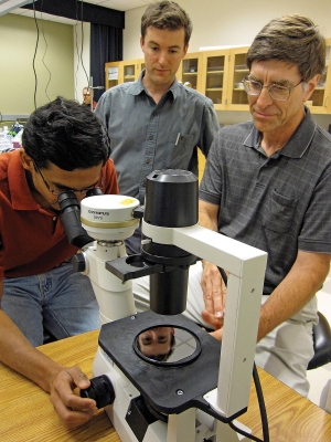 This Cornell team created the moisture-testing microsensor. From left are Vinay Pagay, Abraham Stroock, and Alan Lakso, in Cornell's nanofabrication laboratory. Photo courtesy of Cornell University.