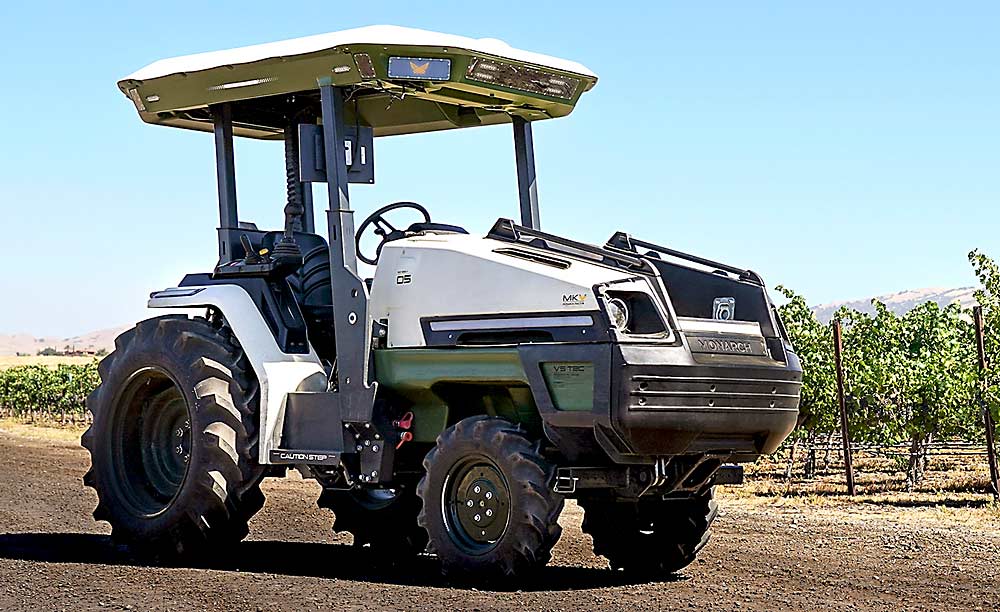 A marketing photo for Monarch Tractor shows the sensor and camera array on the tractor canopy. (Courtesy Monarch Tractor)