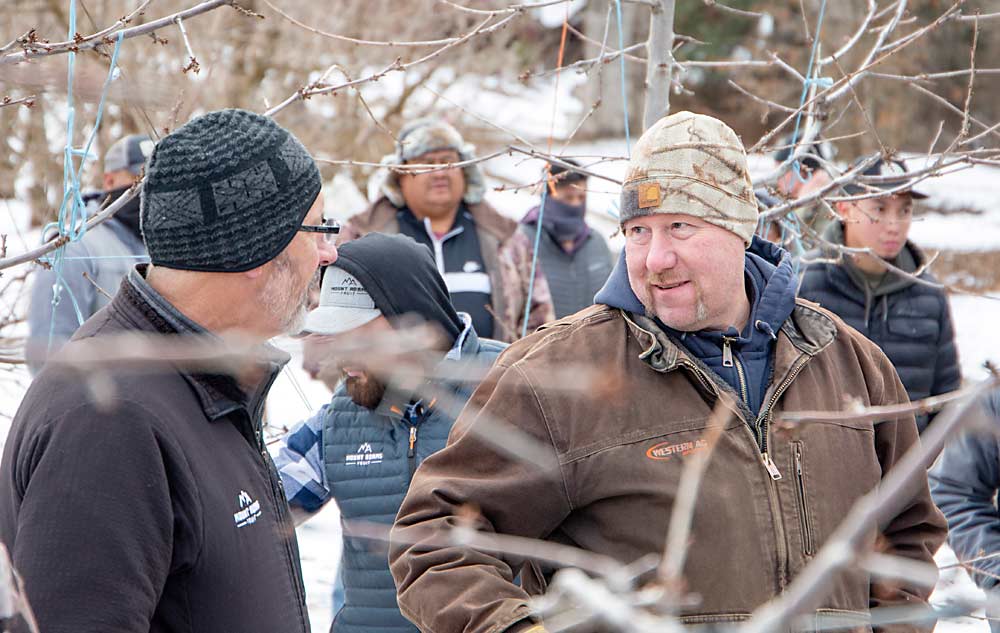 Although retired from farming, Dwight Moe of Hood River, Oregon (right), still participates in fruit tree industry events, such as this January pruning tour at Mount Adams Fruit in White Salmon, Washington.  The third-generation producer sold his family farm to other local producers and exited the business in 2019 on terms he considered healthy for him and the Hood River Valley's agricultural culture.  (Ross Courtney/Good Fruit Grower)