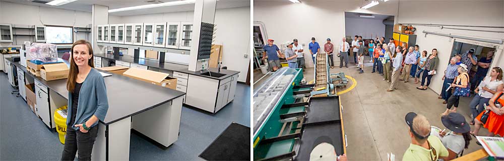 At left, Leisso is building her laboratory in the space that previously held the Hood River research center’s pear packing line, shown at right, during a 2013 field day tour. (Left: Ross Courtney/Good Fruit Grower; right: TJ Mullinax/Good Fruit Grower)